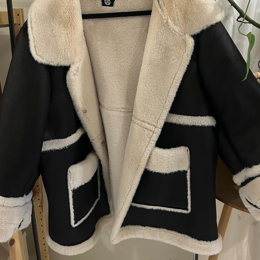Boohoo Black Jacket with Cream Faux Shearling Trim